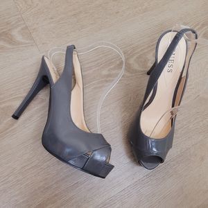 Guess Size 8 Gray Criss Cross Peep Toe Slingback Heels